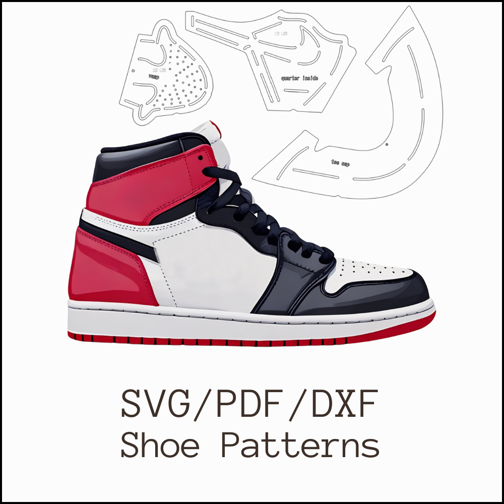 Red, white, and black high-top sneaker design available as digital shoe patterns in SVG, PDF, and DXF formats for shoemaking and DIY crafting.