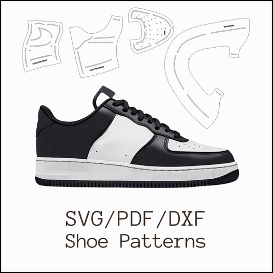 Black and white sneaker with shoe pattern outlines and text 'SVG/PDF/DXF Shoe Patterns' on a white background.