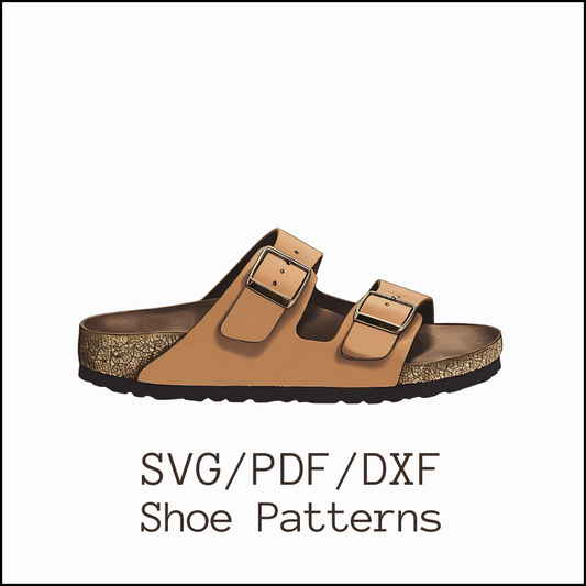 Brown leather sandal with two buckle straps, available as digital shoe patterns in SVG, PDF, and DXF formats for shoemaking and DIY crafting.