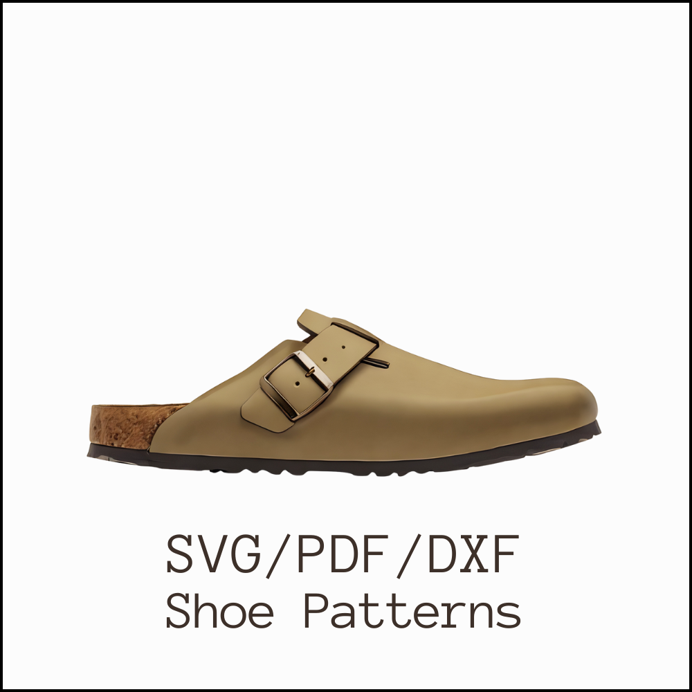 Beige clog sandal with buckle strap, available as digital shoe patterns in SVG, PDF, and DXF formats for shoemaking and leather crafting.