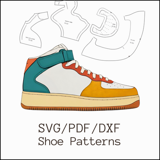 High-top sneaker with colorful panels and matching shoe pattern templates, available as digital shoe patterns in SVG, PDF, and DXF formats.