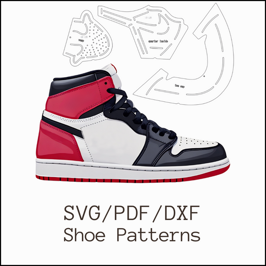 Red, white, and black high-top sneaker design available as digital shoe patterns in SVG, PDF, and DXF formats for shoemaking and DIY crafting.